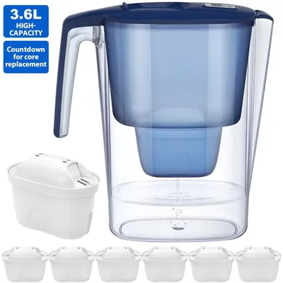 Image de Carafe filtrante pour l'eau - Carafe de purification de l'eau - Capacité de 3,6 litres - 6 filtres - Portable - Bleu
