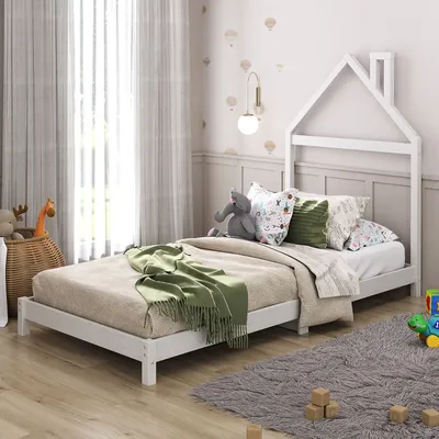 Produktbild von Kinderbett LIZ 90x200 cm in Hausoptik aus Massivholz weiß - Bodenbett für einfaches Ein- und Aussteigen, Montessori Kinderzimmer
