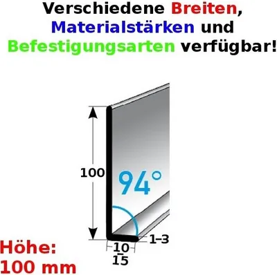 Produktbild von Sockelleiste | Edelstahl | Silber | Breite 10 mm | Höhe 100 mm | Länge 2500 mm | Materialstärke 1 mm | Gebohrt | Fußleiste | 1 Stück