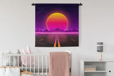 Produktbild von MuchoWow® Wandteppich Wandbehang Sonne - Straße - Vintage - Retro 90x90 cm Tapisserie Dekoration Wandtuch - Wandaufhänger