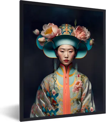 Produktbild von MuchoWow® Gerahmtes Poster Frauen - Asiatisch - Porträt - Kleidung - Blumen 30x40 cm - Poster mit Schwarzem Bilderrahmen Wandposter Rahmen Foto Bilder - Wanddeko - Kunstdrucke