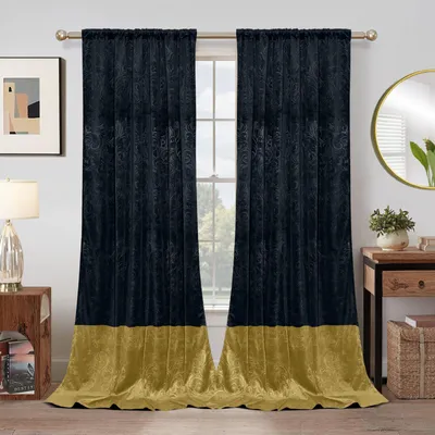 Immagine prodotto di Set di 2 tende in velluto nero con motivo damascato dorato, opache, realizzate in velluto goffrato, con nastro plissettato multifunzionale, ideali per soggiorno o camera da letto, dimensioni 132 x 274 cm