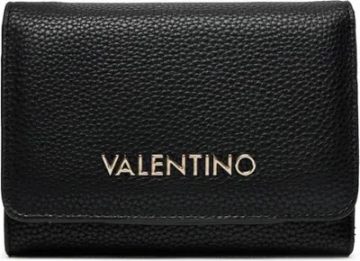 A black Valentino wallet with the brand name embossed in silver.