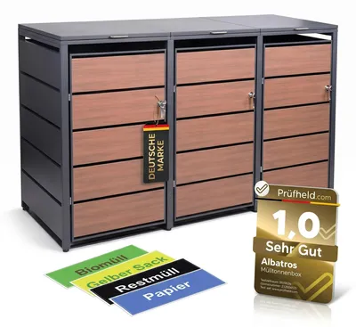 Produktbild von Mülltonnenbox 3er Holzdekor, 120L bis 240L, für Drei Tonnen, Mülltonnenverkleidung aus verzinktem Metall mit Holzdekor-Front