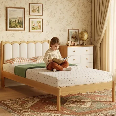 Produktbild von Polsterbett 90x200 cm Beige mit PolyurethanKopfteil, Massivholzrahmen und Lattenrost, kinder polsterbett 90x200 für Schlafzimmer