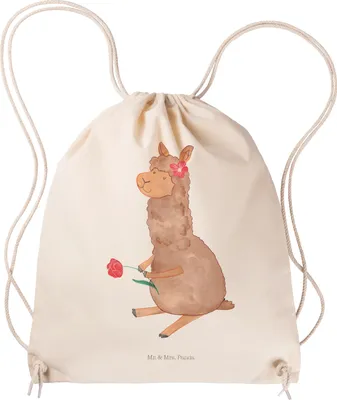 Produktbild von Mr. & Mrs. Panda Beutel Alpaka Blume - Transparent - Geschenk, sporttasche klein, Sportbeutel, Stoffbeutel, Spruch, Lamas, Lama, Säckchen, gym rucksack