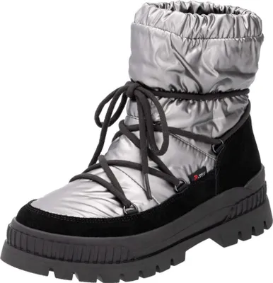 A single silver and black winter boot.