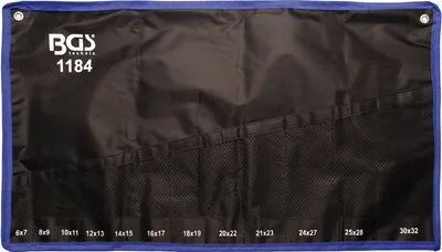 A black tool roll organizer with blue trim, featuring multiple pockets and size markings.