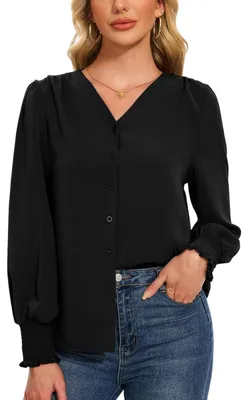Produktbild von Damen Bluse Langarm Elegant V-Ausschnitt Casual Schwarz S
