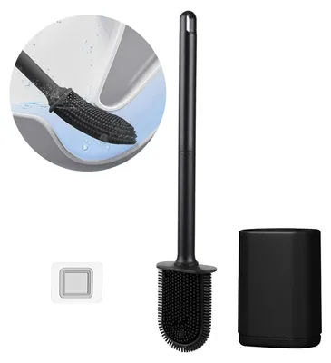 Produktbild von Silikon-Toilettenbürste (schwarz und weiß) Silikon-Toilettenbürste mit elastischen Borsten Silikon-Toilettenbürste mit schnelltrocknendem Halter Wandmontierte und freistehende Toilettenbürste für Badezimmer