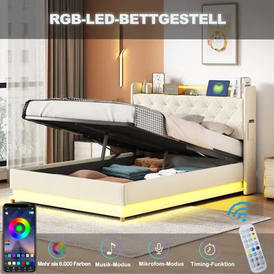 Immagine prodotto di Letto imbottito Okwish, letto matrimoniale 140x200 cm con LED e USB, letto boxspring idraulico con contenitore, rete a doghe e struttura in metallo, biancheria (senza materasso) - beige