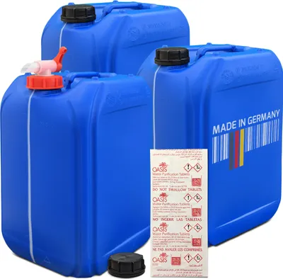 Immagine prodotto di plasteo 3X tanica d'acqua da 25 litri blu con 1x rubinetto +10 pastiglie d'acqua | scala in incrementi di 5 litri | sicura per gli alimenti | priva di BPA | approvazione per merci pericolose | impilabile | scorta di emergenza