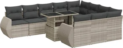 Image de vidaXL Ensemble de salon de jardin 11 pièces avec coussins gris clair Poly rotin