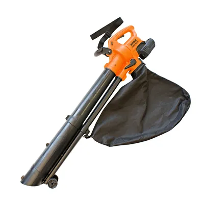 An orange and black leaf blower with a collection bag, shown against a white background.