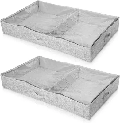 Image de Rangement rembourré en polyester pour sous-matelas - Lot de 2, 91 x 50 x 14 cm, polaire de polyester, fermeture velcro et fenêtre transparente, gris