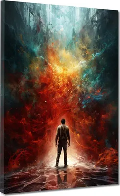 Produktbild von Bildertrends24 Mann vor Feuerwand Leinwandbild Wandbild Kunstdruck XL abstrakt: 90x120x2cm