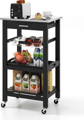 A black kitchen cart with a stainless steel top, filled with various items including a toaster, cake, drinks, and fruit.