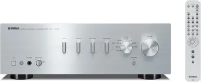 A silver Yamaha stereo amplifier and its remote control are displayed against a white background.