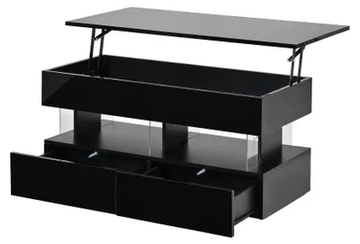 Immagine prodotto di Tavolino da divano regolabile in altezza - Tavolino con piano sollevabile - 100 x 50 x 46 cm - 2 cassetti - Spazio contenitivo nascosto - MDF - Nero
