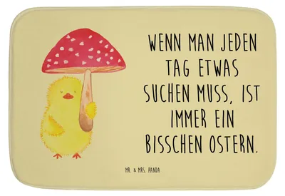 Produktbild von Mr. & Mrs. Panda Badteppich Küken Fliegenpilz - Gelb Pastell - Geschenk, Teppich Fürs Bad, Frohe Ostern, duschmatte, Badläufer, Badezimmerteppich, Ostergrüße, Badematte