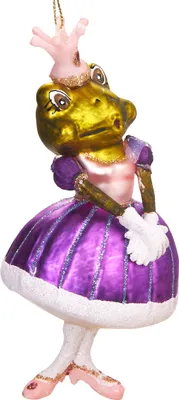 A glass Christmas ornament of a frog princess.