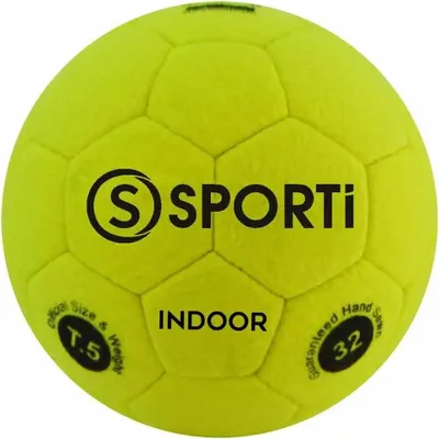A bright yellow futsal ball with black text and logos.
