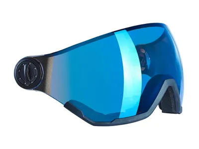 A blue ski helmet visor on a white background.