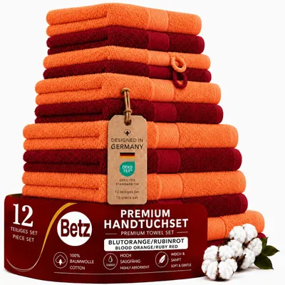 Produktbild von Betz 12-tlg. Handtuch-Set PREMIUM 2 Duschtücher 4 Handtücher 2 Gästetücher 2 Seiftücher 2 Waschhandschuhe Farbe: blutorange / rubinrot, KI-generiertes Bild