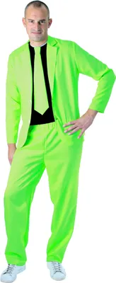 A man wearing a neon green suit with a black shirt and tie.
