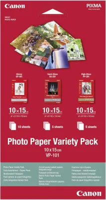 Zdjęcie produktu dla Canon Variety Pack VP-101 - 100 x 150 mm 15 Blatt Photopaper-Kit - dla PIXMA MG2550, MG3550, MG3650, MG5750, MG5751, MG6450, MG6850, MG7150, MG7750, MG7751