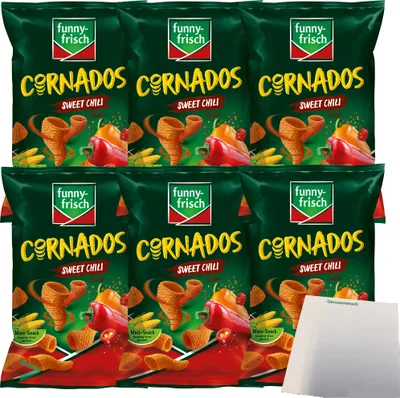 Produktbild von Funny Frisch Cornados Sweet Chili knuspriger Mais-Snack 6er Pack (6x80g Tüte) + usy Block