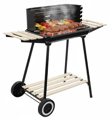 Produktbild von Garten-Holzkohlegrill auf Rädern mit 3 Ablagen und Drehspieß, KI-generiertes Bild