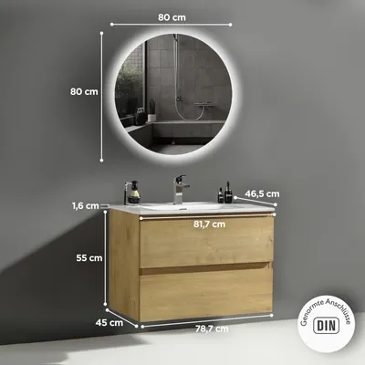Produktbild von Alpenberger Waschtisch mit Unterschrank 80 cm Breit | Badezimmer Möbel 3 Teiliges Set mit Spiegel mit Beleuchtung | Waschbecken Gäste WC | Badspiegel Rund