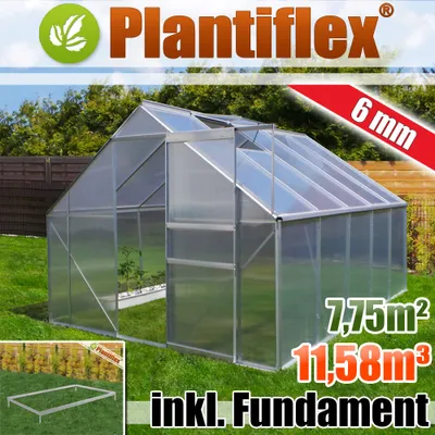 A greenhouse in a garden setting, with text overlays indicating product features and branding.