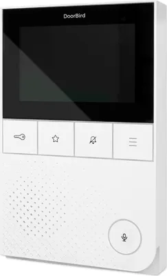 A white DoorBird IP video indoor station is shown against a white background.