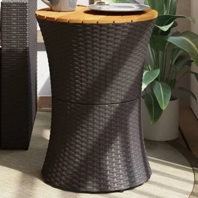 Produktbild von Design Garten-Beistelltisch Trommelform Schwarz Poly Rattan Massivholz, Gartentische 2024 Neu