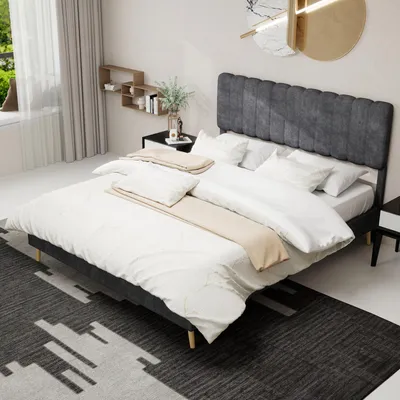Obrázek produktu pro MODFU Polstrovaná postel 160x200 multifunkční nábytek do ložnice s měkkým čelem, Manželská postel z holandského sametu s jednoduchou montáží, bez matrace, šedá