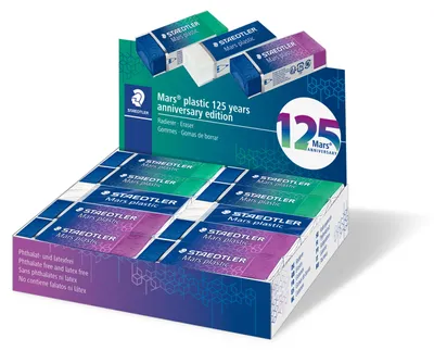 Obrázek produktu pro Pryž "Mars Plastic 526", displej/20 ks, modro-zeleno-fialová, výroční edice 125 let, STAEDTLER 526 50