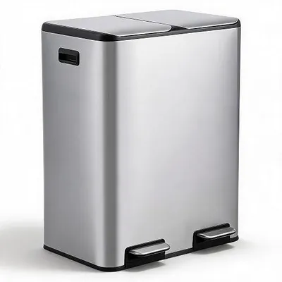 Imagen del producto de Contenedor de cocina de acero inoxidable, 60 litros, con dos compartimentos de 30 litros, sistema de cierre suave y pedal
