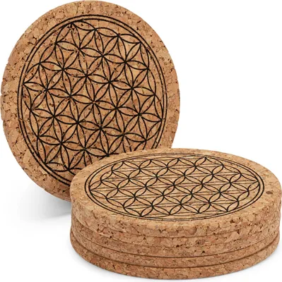 Produktbild von 6 x Wiederverwendbare Untersetzer 9cm Blume des Lebens aus Kork für Tassen Glas