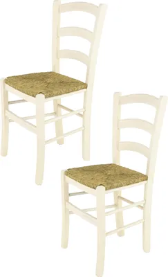 Zdjęcie produktu dla t m c s Tommychairs - Zestaw 2 krzeseł VENICE do kuchni i jadalni, solidna konstrukcja z lakierowanego drewna bukowego w kolorze białym anilinowym i siedzisko ze słomy