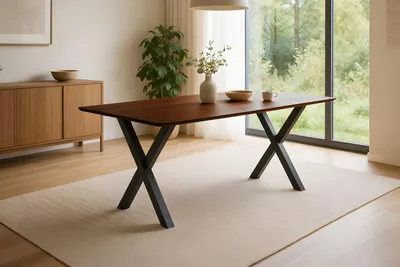 Produktbild von Esstisch 160 x 85 cm Akazie massiv kastanienfarben Schweizer Kante X-Gestell schwarz ROBERTO