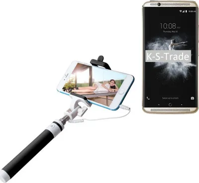 Produktbild von K-S-Trade Selfie Stick kompatibel mit ZTE Axon 7 Selfiestick kabelgebunden Monopod mit Kabel Stab Stange Selfportrait Handheldstick schwarz 1x