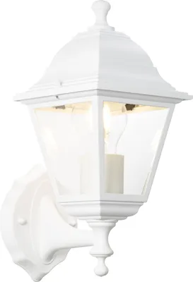 A white outdoor wall lamp with a clear glass enclosure.