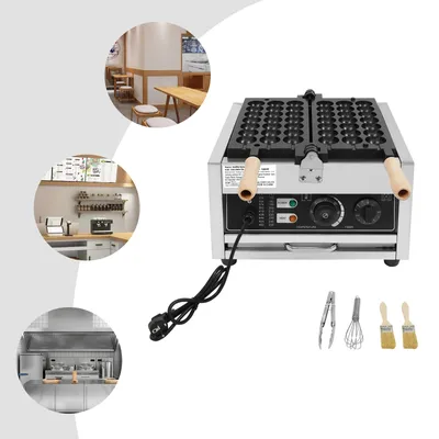 A collage showing a waffle maker machine and lifestyle images of a cafe interior, a kitchen counter, and a commercial kitchen.