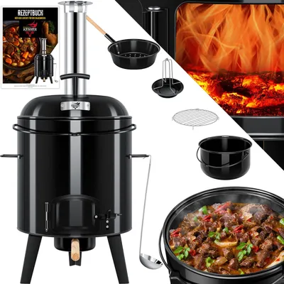 Produktbild von KESSER® Gulaschkessel Gulaschkanone | Eintopfofen mit Grillfunktion Ofen Grill Kugelgrill + Hähnchenbräter 8L Pfanne Kesselgulasch Topf 17 Liter emailliert mit Deckel für die Outdoor Küche Feldküche