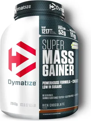 A product shot of a Dymatize Super Mass Gainer supplement container.