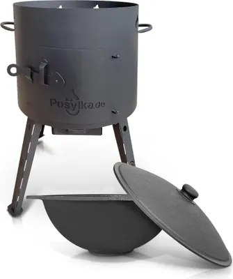 Produktbild von Posylka.de Feuerstelle Kochset Ø 40 cm Kasan 12 L flach 4 Teile Deckel Feuerhaken 41 cm Plov, (4-St)