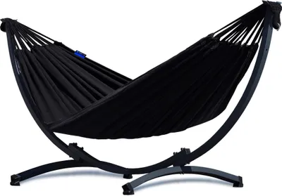 A black hammock with a black metal stand, shown against a white background.