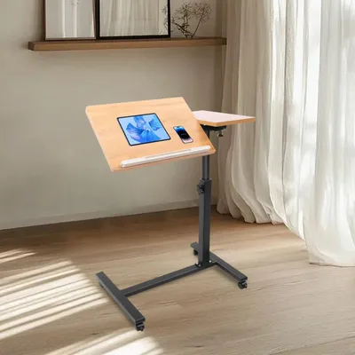 Produktbild von Laptop-Tisch - Rollbarer Beistelltisch für Bett/Sofa - Höhenverstellbar - Neigbare Tischplatte - Rechteckig - Einfache Montage - Schwarz